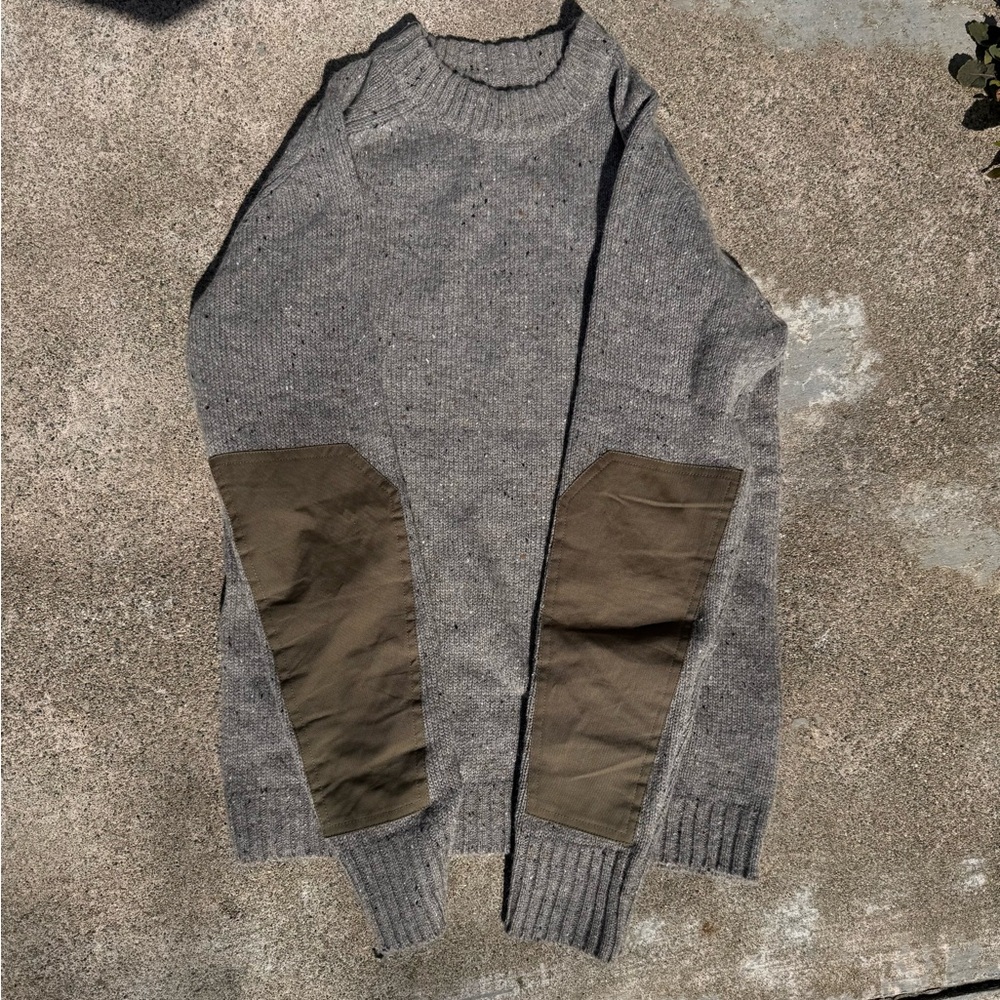 Line of Trade Men's Gray Wool Crewneck Sweater with Brown Patches